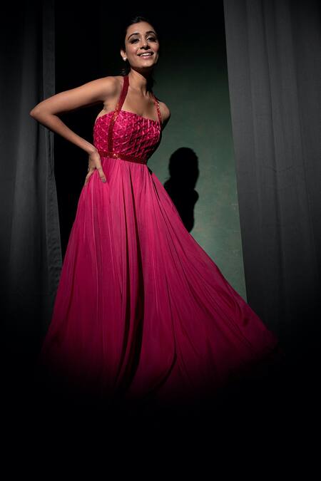 Buy_Parshya_Pink Viscose, Chiffon Cut Work Halter Neck Cutdana Embellished Gown _Online_at_Aza_Fashions