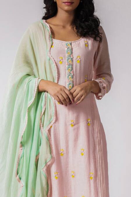 Buy Label Mansi Nagdev Pink Chanderi Embroidery, Lace Round Neck Shaffan Kurta Set Online at Aza Fashions Buy_Label Mansi Nagdev_Pink Chanderi Embroidery, Lace Round Neck Shaffan Kurta Set _Online_at_Aza_Fashions