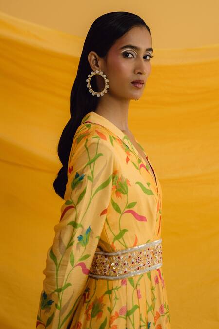 Buy Drishti & Zahabia Yellow Silk Embroidery Shawl Neck Botanical Floral Print Gown Online at Aza Fashions Buy_Drishti & Zahabia_Yellow Silk Embroidery Shawl Neck Botanical Floral Print Gown _Online_at_Aza_Fashions