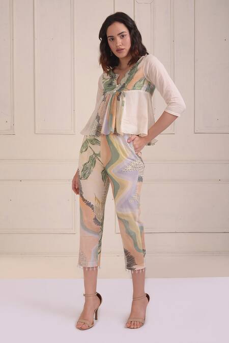 Shwetanga_Ivory Cotton Pearls Open Neck Organic Top And Cropped Pant Set _Online_at_Aza_Fashions