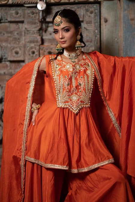 Leela By A Orange Organza, Chanderi Floral, Zari Cape Placket Embroidered Palazzo Set Online at Aza Fashions Leela By A_Orange Organza, Chanderi Floral, Zari Cape Placket Embroidered Palazzo Set _Online_at_Aza_Fashions