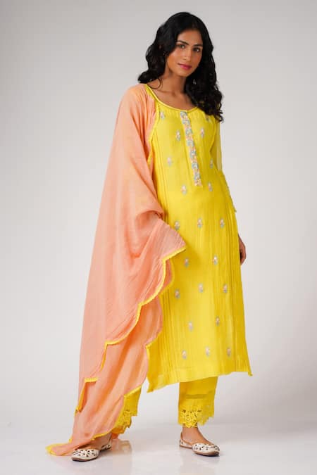 Label Mansi Nagdev_Yellow Chanderi Embroidery Resham Round Rumiha Kurta Set _Online_at_Aza_Fashions