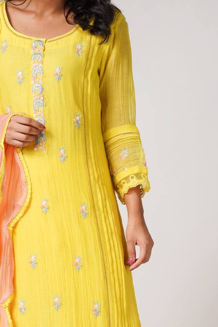 Shop_Label Mansi Nagdev_Yellow Chanderi Embroidery Resham Round Rumiha Kurta Set _Online_at_Aza_Fashions