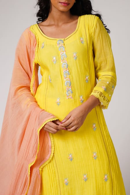 Label Mansi Nagdev_Yellow Chanderi Embroidery Resham Round Rumiha Kurta Set _at_Aza_Fashions