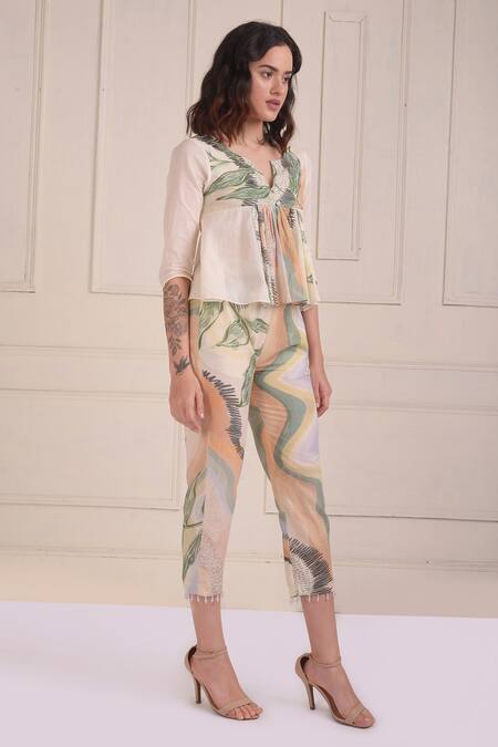 Buy_Shwetanga_Ivory Cotton Pearls Open Neck Organic Top And Cropped Pant Set _Online_at_Aza_Fashions