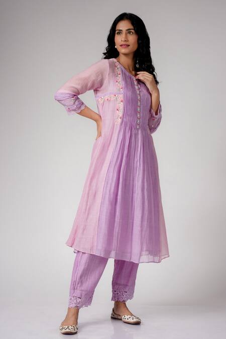 Label Mansi Nagdev_Purple Chanderi Embroidery, Pearls, Lace V-neck Aasia Anarkali And Palazzo Set _Online_at_Aza_Fashions
