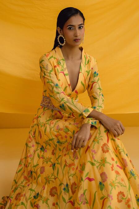 Drishti & Zahabia Yellow Silk Embroidery Shawl Neck Botanical Floral Print Gown at Aza Fashions Drishti & Zahabia_Yellow Silk Embroidery Shawl Neck Botanical Floral Print Gown _at_Aza_Fashions