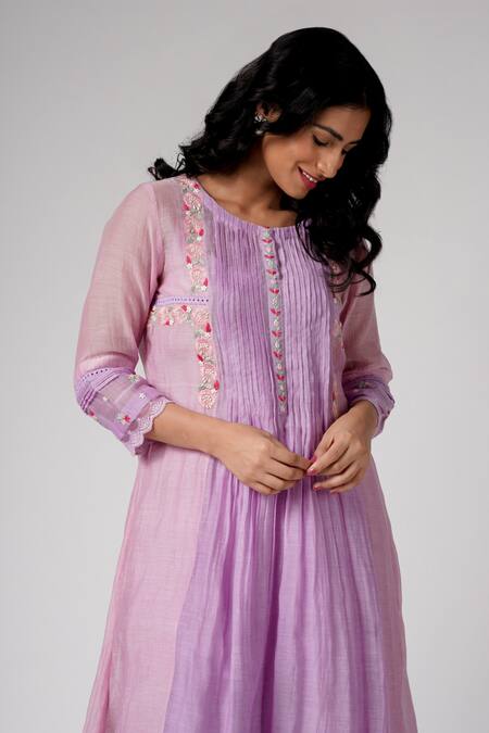 Label Mansi Nagdev_Purple Chanderi Embroidery, Pearls, Lace V-neck Aasia Anarkali And Palazzo Set _at_Aza_Fashions