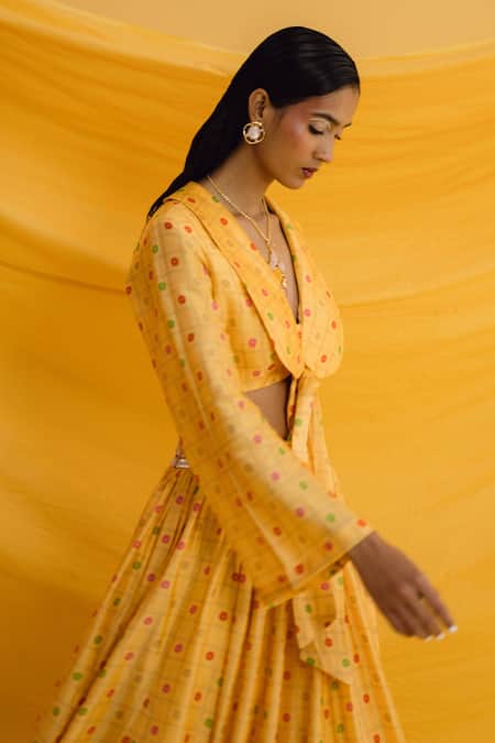 Buy_Drishti & Zahabia_Yellow Silk, Denim Pearls, Sequins Collared Peter Pan Crop Top And Skirt Set _Online_at_Aza_Fashions