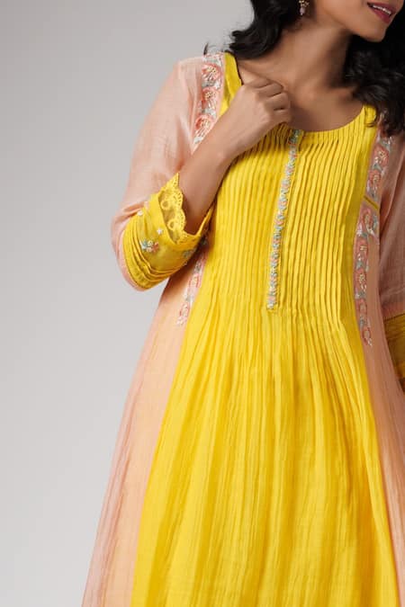 Label Mansi Nagdev_Peach Chanderi Pearls, Lace Round Neck Midhat A-line Kurta And Palazzo Set _Online_at_Aza_Fashions