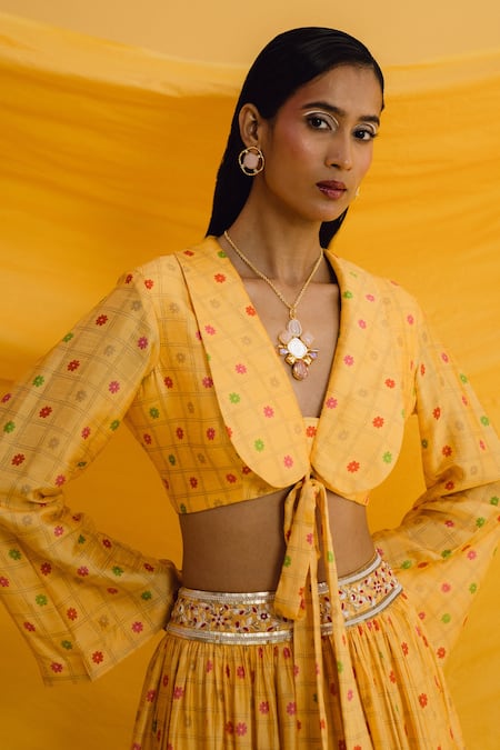 Shop_Drishti & Zahabia_Yellow Silk, Denim Pearls, Sequins Collared Peter Pan Crop Top And Skirt Set _Online_at_Aza_Fashions