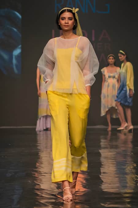 Ranng Label_Yellow Nylon, Twill Round Neck Sheer Top And Pant Set _Online_at_Aza_Fashions