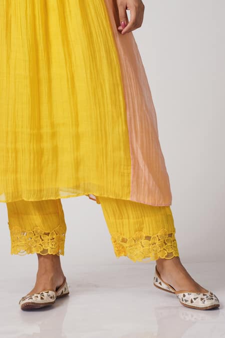 Buy_Label Mansi Nagdev_Peach Chanderi Pearls, Lace Round Neck Midhat A-line Kurta And Palazzo Set _Online_at_Aza_Fashions