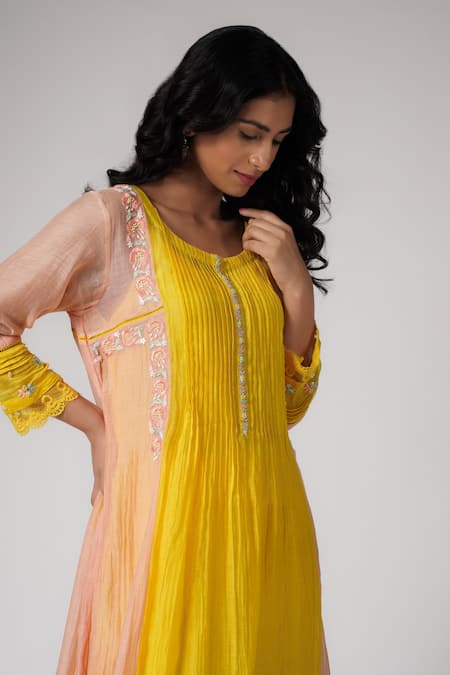 Shop_Label Mansi Nagdev_Peach Chanderi Pearls, Lace Round Neck Midhat A-line Kurta And Palazzo Set _Online_at_Aza_Fashions