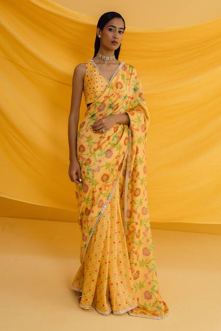 Drishti & Zahabia_Yellow Silk, Crepe Mirrors, Pearls, Embroidery Floral Print Saree With Blouse _Online_at_Aza_Fashions
