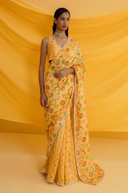 Buy_Drishti & Zahabia_Yellow Silk, Crepe Mirrors, Pearls, Embroidery Floral Print Saree With Blouse _Online_at_Aza_Fashions