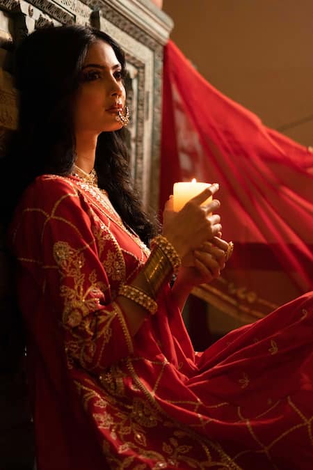 Leela By A_Red Organza, Chanderi Floral, Gota V Neck Embroidered Kurta Set_Online_at_Aza_Fashions