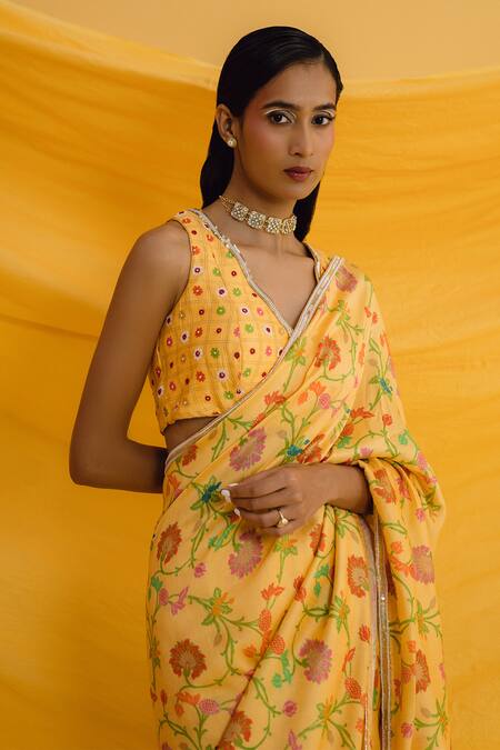 Shop_Drishti & Zahabia_Yellow Silk, Crepe Mirrors, Pearls, Embroidery Floral Print Saree With Blouse _Online_at_Aza_Fashions