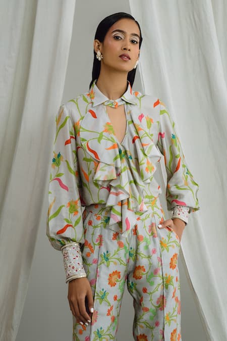 Buy_Drishti & Zahabia_Grey Silk, Crepe Embroidery Collared Printed Ruffle Top And Pant Set _Online_at_Aza_Fashions