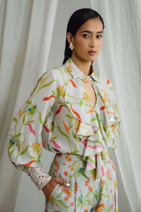 Shop_Drishti & Zahabia_Grey Silk, Crepe Embroidery Collared Printed Ruffle Top And Pant Set _Online_at_Aza_Fashions