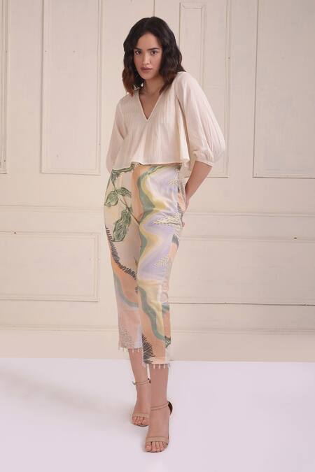 Shwetanga_Ivory Cotton Pearls V-neck Organic Top And Cropped Pant Set _at_Aza_Fashions