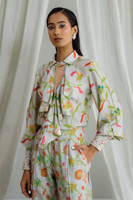 Drishti & Zahabia_Grey Silk, Crepe Embroidery Collared Printed Ruffle Top And Pant Set _at_Aza_Fashions