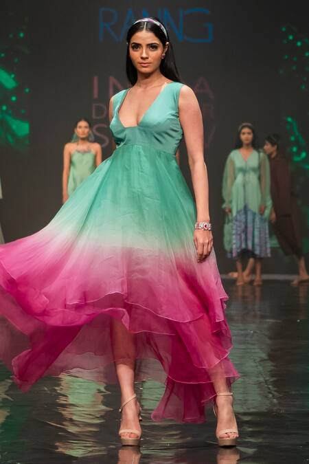 Ranng Label_Green Organza, Satin V-neck Ombre Tiered Dress _Online_at_Aza_Fashions