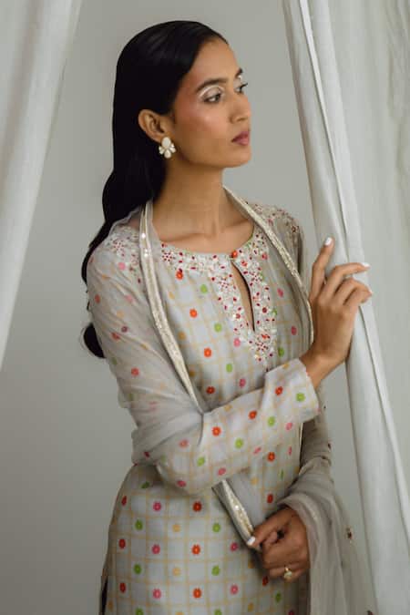 Shop_Drishti & Zahabia_Grey Silk, Net, Chanderi Embroidery High Neck Floral Print Kurta Pant Set _Online_at_Aza_Fashions