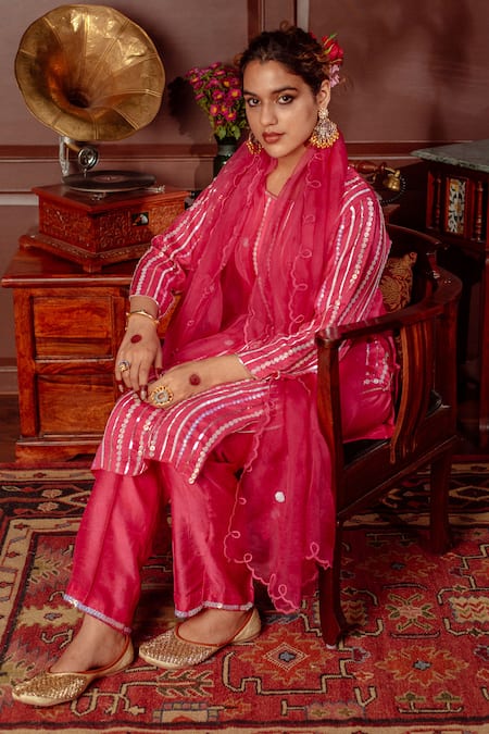 LAHARIO_Pink , Organza, Denim Sequins Round Embroidered Striped Kurta Pant Set _Online_at_Aza_Fashions