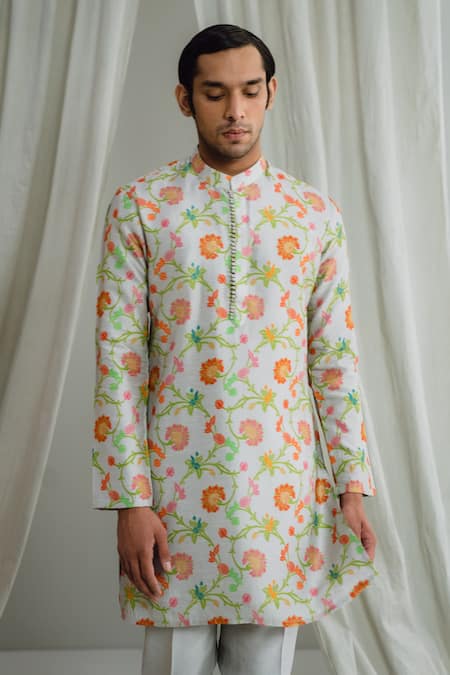 Drishti & Zahabia_White , Cotton, Chanderi Floral And Leaf Print Kurta Set _Online_at_Aza_Fashions