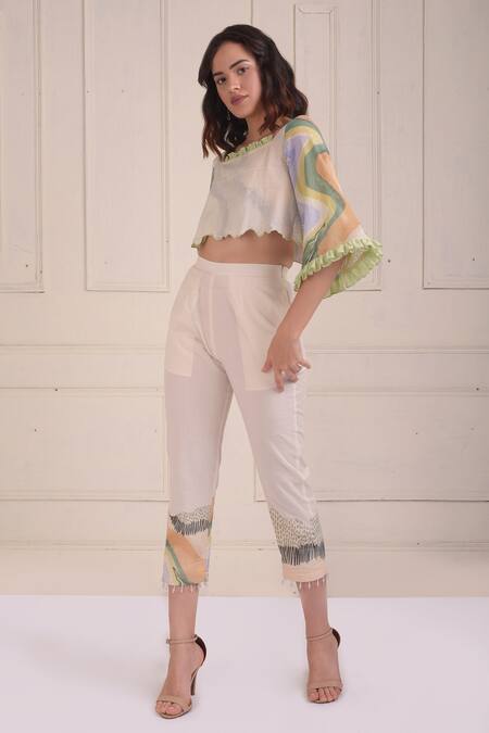 Shwetanga_Ivory Cotton Pearls Square Neck Printed Organic Cropped Pant Set _Online_at_Aza_Fashions