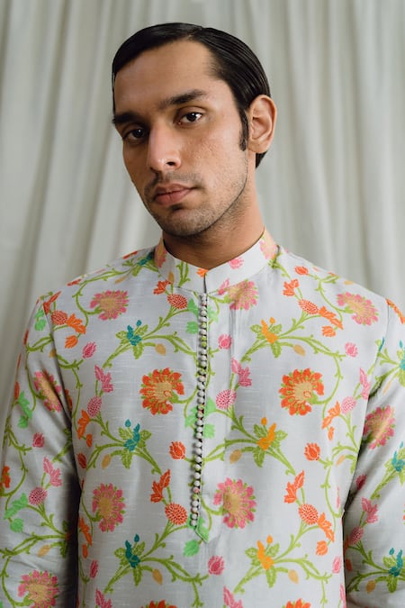 Buy_Drishti & Zahabia_White , Cotton, Chanderi Floral And Leaf Print Kurta Set _Online_at_Aza_Fashions