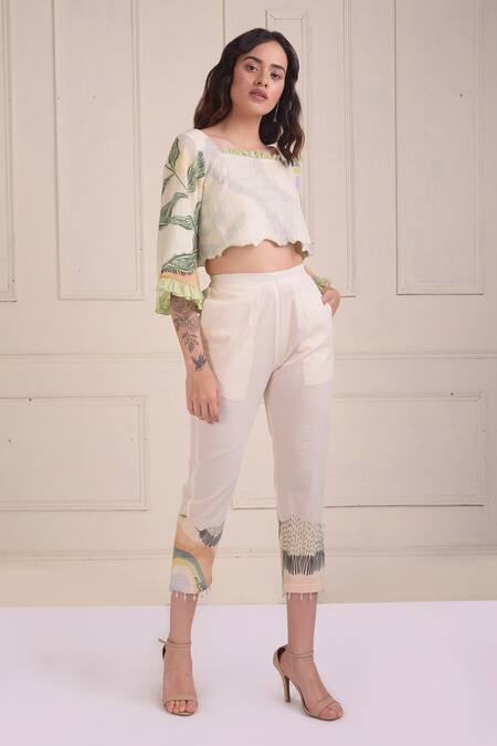 Buy_Shwetanga_Ivory Cotton Pearls Square Neck Printed Organic Cropped Pant Set _Online_at_Aza_Fashions