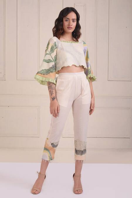 Shop_Shwetanga_Ivory Cotton Pearls Square Neck Printed Organic Cropped Pant Set _Online_at_Aza_Fashions