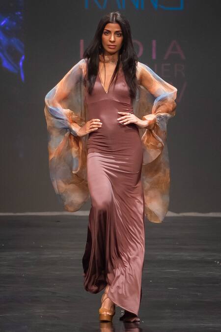 Ranng Label_Brown Organza, Lycra High Neck Exaggerated Sleeve Gown _Online_at_Aza_Fashions