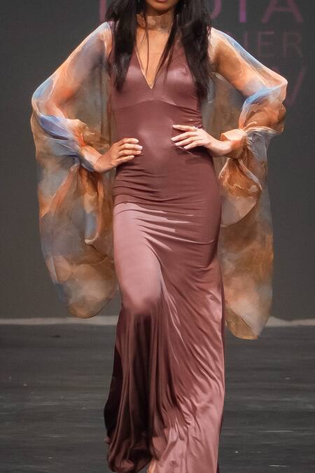 Buy_Ranng Label_Brown Organza, Lycra High Neck Exaggerated Sleeve Gown _Online_at_Aza_Fashions