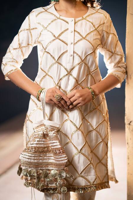 Leela By A_White Organza, Chanderi Gota, Zari Round Embroidered Kurta And Pant Set_Online_at_Aza_Fashions