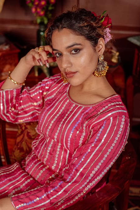 Buy_LAHARIO_Pink , Organza, Denim Sequins Round Embroidered Striped Kurta Pant Set _Online_at_Aza_Fashions