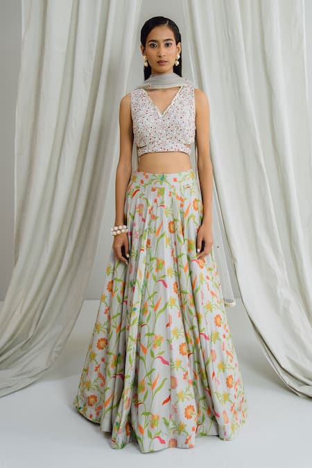 Buy_Drishti & Zahabia_Grey Silk, Crepe, Net Embroidery V-neck Floral Print Panelled Lehenga Set _Online_at_Aza_Fashions