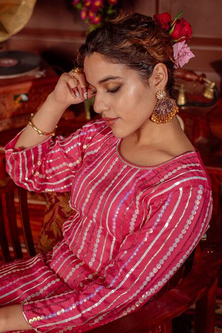 Shop_LAHARIO_Pink , Organza, Denim Sequins Round Embroidered Striped Kurta Pant Set _Online_at_Aza_Fashions