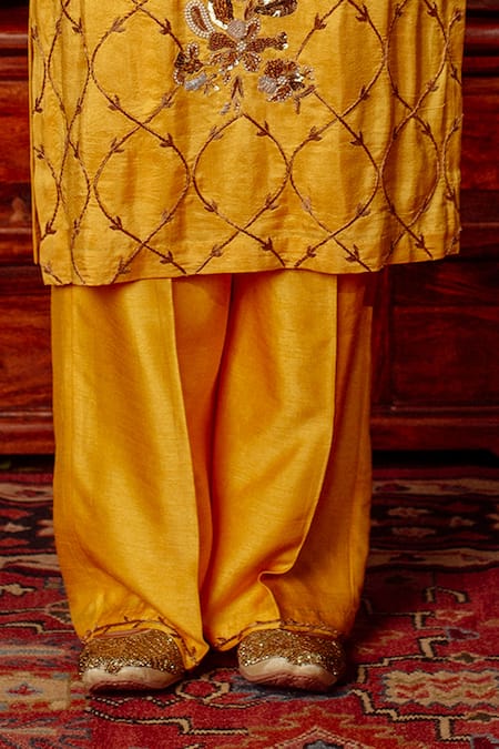 Lahario_Yellow , Organza, Denim Pearls, Zardozi Embroidered Kurta Palazzo Set _Online_at_Aza_Fashions