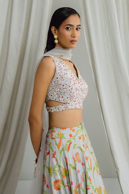 Shop_Drishti & Zahabia_Grey Silk, Crepe, Net Embroidery V-neck Floral Print Panelled Lehenga Set _Online_at_Aza_Fashions