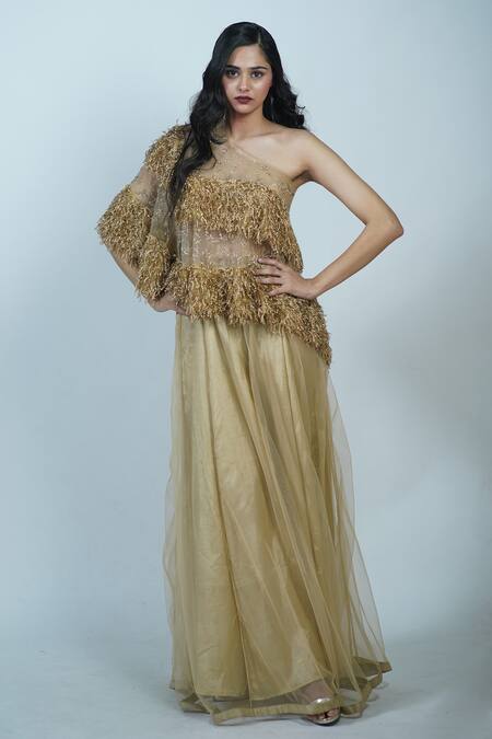 Shop_Rina Dhaka_Silver Silk Fur Embroidered Cape And Lehenga Set_Online_at_Aza_Fashions