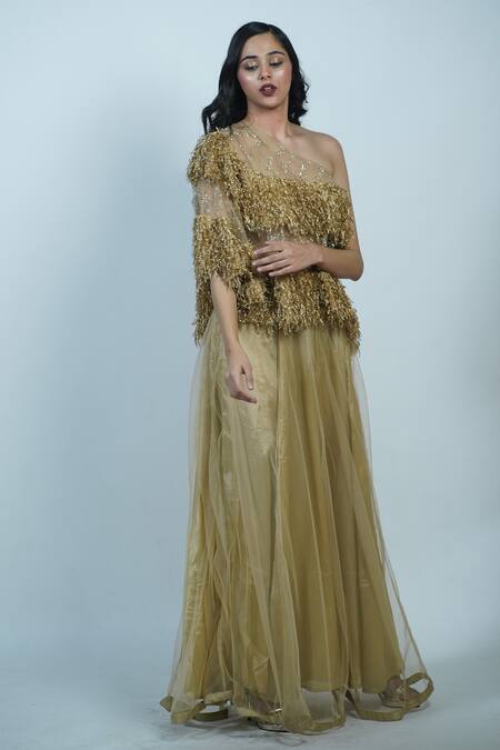 Rina Dhaka_Silver Silk Fur Embroidered Cape And Lehenga Set_at_Aza_Fashions