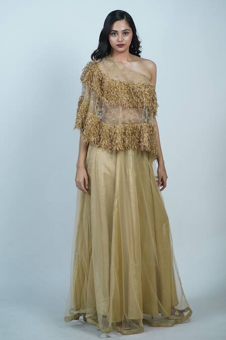 Buy_Rina Dhaka_Silver Silk Fur Embroidered Cape And Lehenga Set