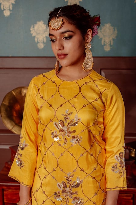 Buy_Lahario_Yellow , Organza, Denim Pearls, Zardozi Embroidered Kurta Palazzo Set _Online_at_Aza_Fashions