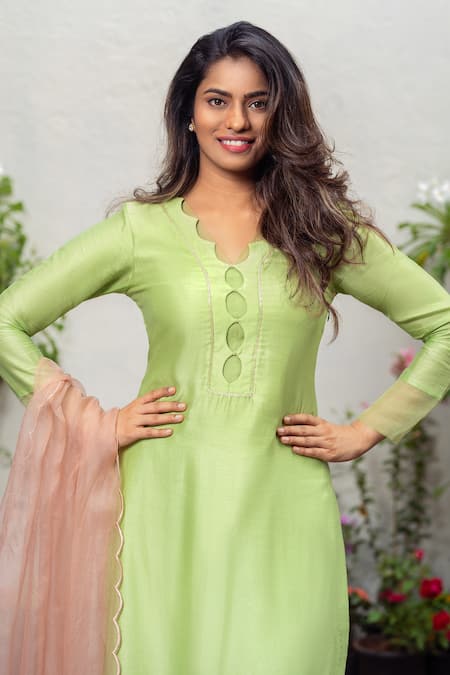 Buy_The Aarya_Green Chanderi, Viscose Cut Work, Beads, Handwoven Straight Kurta Pant Set_Online_at_Aza_Fashions