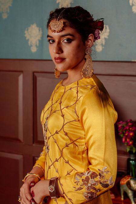 Shop_Lahario_Yellow , Organza, Denim Pearls, Zardozi Embroidered Kurta Palazzo Set _Online_at_Aza_Fashions