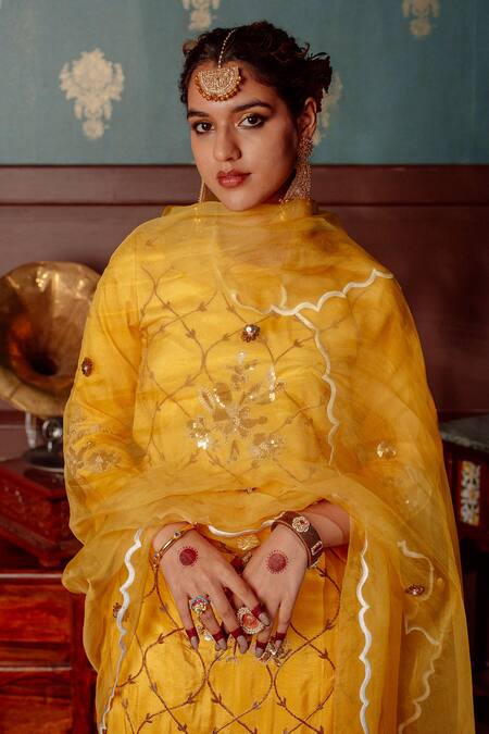 Lahario_Yellow , Organza, Denim Pearls, Zardozi Embroidered Kurta Palazzo Set _at_Aza_Fashions