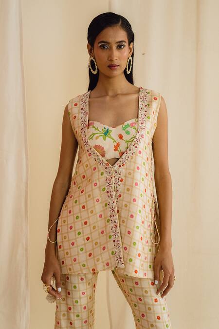 Drishti & Zahabia_Cream Denim, Crepe, Silk Embroidery Sweetheart Floral Print Jacket And Pant Set _Online_at_Aza_Fashions